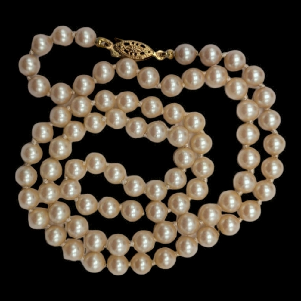 MCM Vintage Hand-Knotted Glass Pearl Necklace Filigree Fis Hook Clasp
